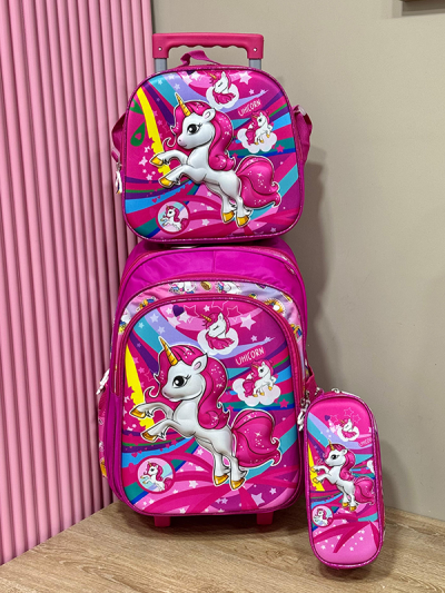 Maleta Escolar con Ruedas Para Niña Rosada Unicornio