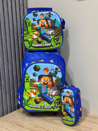 Maleta Escolar con Ruedas Para Niño Azul Minecraf