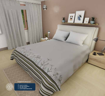 Sábanas Cama Doble Beige Flores y Líneas