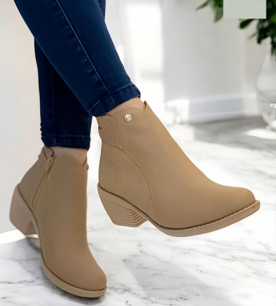 Botines Beige Tacón Bajo con Cremallera