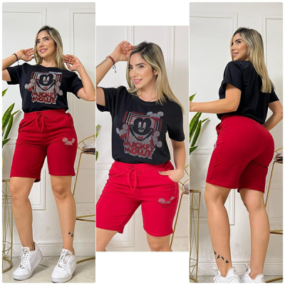Conjunto Para Mujer Bermuda y Blusón Mickey Rojo