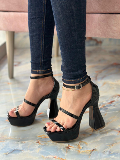 Tacones Para Mujer Correa Negros Tacón Ancho