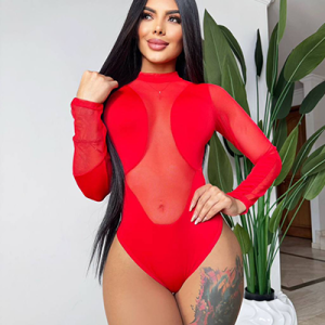 Body Para Mujer Rojo Trasparente Mangas Largas