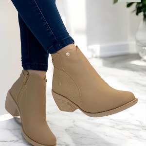 Botines Beige Tacón Bajo con Cremallera