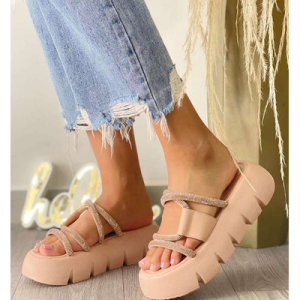 Sandalias Para Mujer Beige Cruzada con Brillo