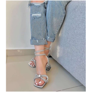 Tacones Para Mujer Lazo Brillo Plata