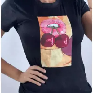 Camiseta Para Mujer Negro Cerezas